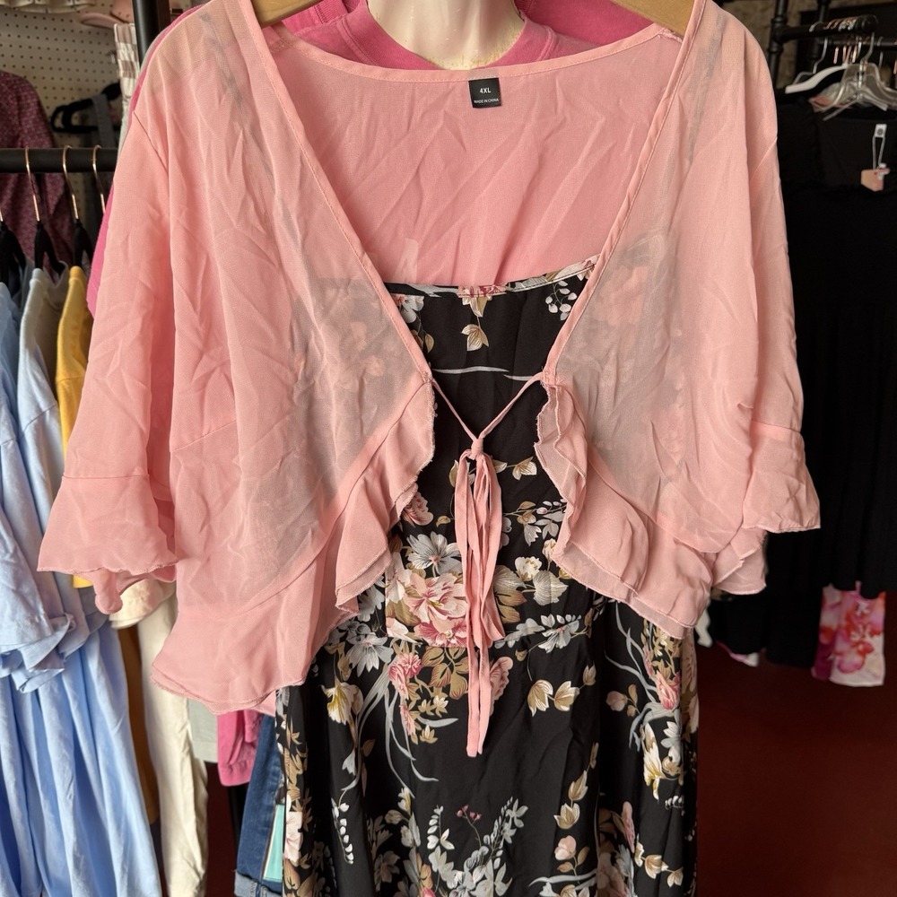 Plus Size 4X Black Floral Maxi Dress Pink Ruffle Shrug Shawl Cardigan Set - Picture 2 of 16